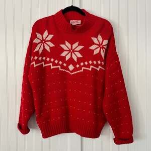 Vintage 80s Red and White Snowflake Sweater Fall River Knitting Mills Heavy Knit